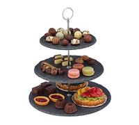 Relaxdays 4X Alzata in Ardesia, 3 Piatti per Dolci, Snack e Frutta, Centrotavola con Manico in Metallo, Antracite Argento