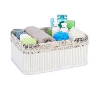 Relaxdays 4X Cesta in bambù Portaoggetti, con Rivestimento con Stampe retrò, Rettangolare, 16,5x38x28,5 cm, Bianco