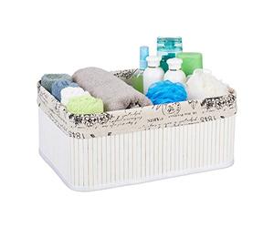 Relaxdays 4X Cesta in bambù Portaoggetti, con Rivestimento con Stampe retrò, Rettangolare, 16,5x38x28,5 cm, Bianco