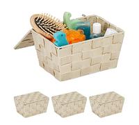 Relaxdays 4X Cestino con Coperchio, Portaoggetti da Bagno, PP Intrecciato, HLP 10,5x19,5x14,5 cm, Beige