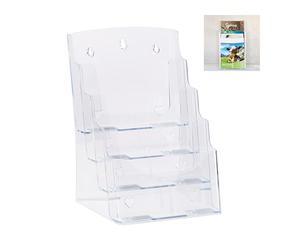 Relaxdays 4X Porta Depliant, A4/Lunghezza ISO 4 Livelli Acrilico, Porta Brochure da Tavolo e Muro 35x24,5x24cm, Trasparente