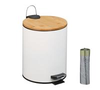 Relaxdays 5 L Pattumiera Bagno a Pedale, Cestino Interno Estraibile, Silenzioso, con Sacchetti, Ferro e bambù, Bianco