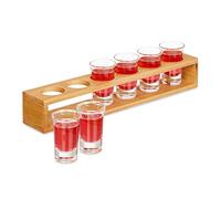 Relaxdays 6 Bicchieri da Shot con Supporto, Bicchierini in Vetro 4 cl, Vassoio in bambù, Idea Regalo, Marrone Chiaro, 8 x 33 x 6 cm