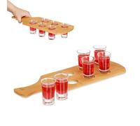 Relaxdays 6 Bicchieri da Shot con Supporto, Bicchierini in Vetro 4 cl, Vassoio in bambù, Idea Regalo, Marrone Chiaro, 7 x 40 x 14 cm