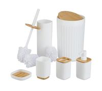 Relaxdays 6-Teiliges Badezimmer, 6 Pezzi, plastica e bambù, Set Completo di Accessori da Bagno, Bianco/Naturale, 65% 20% 15%
