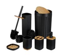 Relaxdays 6-Teiliges Badezimmer, 6 Pezzi, plastica e bambù, Set Completo di Accessori da Bagno, Nero/Naturale, 65% 20% 15%