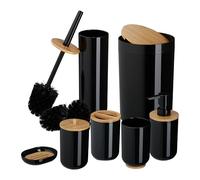 Relaxdays 7-Teiliges Badezimmer Pezzi, plastica e bambù, Set Completo di Accessori da Bagno, Nero/Naturale, 20% 15% 65%, 7 pz