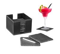 Relaxdays 8 Sottobicchieri in Ardesia, Set, Poggia Bicchieri, con Contenitore & Gessetto, 10x10cm cm, Nero