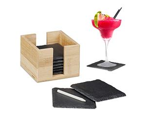 Relaxdays 8 Sottobicchieri in Ardesia, Set, Poggia Bicchieri, Contenitore in Bambù & Gessetto, 10x10 cm, Legno Naturale