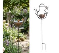 Relaxdays Abbeveratoio a teiera per Uccelli, 86×27×13 cm, ghisa, Marrone | Con picchetto, ciotole acqua e cibo