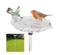 Relaxdays Abbeveratoio per Uccellini in Ghisa, 1m, Vaschetta con Asta da Terra per Acqua e Mangime da Esterno, Bianco