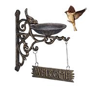 Relaxdays Abbeveratoio per Uccelli in Ghisa, Targhetta “Welcome”, Decorazione da Giardino, Montaggio a Parete, Bronzo, 26.5 x 14 x 22.5 cm