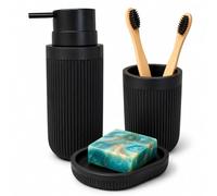 Relaxdays Set di Accessori da Bagno in Poliresina Nero, Dispenser, Ciotola e Bicchiere, 17,5x6,5x6,5 cm