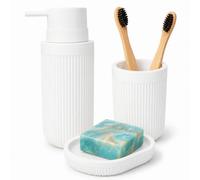 Relaxdays Set di Accessori da Bagno in Poliresina Bianco, Dispenser Sapone, Ciotola e Bicchiere 17.5x6.5x6.5 cm