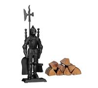 Relaxdays Accessori da Camino con Cavaliere, Set da 4, in Ghisa, Paletta, Scopino, Attizzatoio e Porta Attrezzi, Nero
