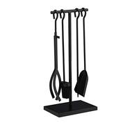 Relaxdays Accessori da Camino, Moderni, 5 Parti con Attizzatoio, Paletta Pinza, Scopino e Supporto Porta Attrezzi, Nero