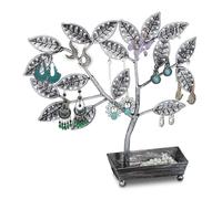 Relaxdays Albero Portagioielli con Cestino, per 68 Paia di Orecchini, 31x31x8,5 cm, Porta Collane in Ferro, Argento/Nero