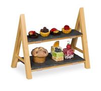 Relaxdays 2-stöckige Etagere mit Schieferplatten Alzata a 2 Piani, con Piastre in Ardesia, HBT 27 x 32 x 17 cm, Supporto Rustico, Struttura in bambù, Naturale/Grigio, 60% 40%, 27x32x17 cm