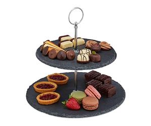 Relaxdays Alzata in Ardesia, 2 Piatti per Dolci, Snack & Frutta, Centrotavola con Manico in Metallo, Antracite Argento