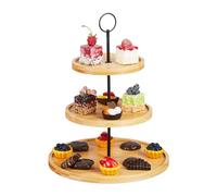 Relaxdays Alzata in bambù, 3 Ripiani, Alzatina per Torta, Snack, Frutta, Manico in Ferro, HxD: 36 x 28 cm, Naturale/Nero, Metallo