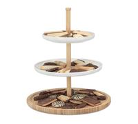 Relaxdays Alzata Portafrutta Cucina, Alzatina Bambù e Ceramica, 3 Piani, Vassoio per Frutta e Dolci, Bianco Marrone