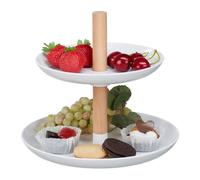 Relaxdays Alzata per Dolci a 2 Piani, in Plastica e Legno, Alzatina per Muffin, Piatti Tondi, Bianco Colore Naturale, 19 x 21 cm