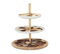 Relaxdays Alzata Portafrutta Cucina, Alzatina Bambù e Ceramica, 3 Piani, Vassoio per Frutta e Dolci, Bianco Marrone
