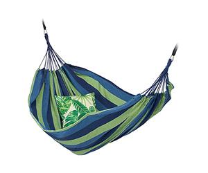 Relaxdays Amaca da Giardino in Cotone, LxP 150x190 cm, Sedia Sospesa con Moschettone, Custodia, Fino a 300 kg, Blu Verde, Poliestere