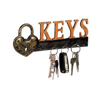 Relaxdays Appendi Chiavi da Parete, 5 Ganci, Lucchetto e Scritta “Keys”, in Ghisa, Vintage, 10x26x3 cm, Arancione/Nero