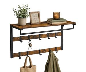 Relaxdays Appendiabiti a Parete 3 in 1, 10 Ganci, Marrone/Nero | Asta appendiabiti, ripiano cappelli, AxLxP 42x80x30 cm