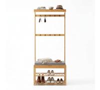 Relaxdays Appendiabiti con Panca, 2 Ripiani Scarpe, 10 Ganci, bambù, 175x70x33 cm