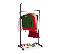 Relaxdays Appendiabiti con Rotelle, HxLxP: 165 x 80 x 44 cm, Metallo, Stand con Ripiano, Guardaroba Portascarpe, Nero