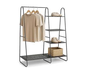 Relaxdays Appendiabiti da Terra, HxLxP: 150x100x39 cm, Metallo, Stand con 5 Ripiani Aperti, Guardaroba Portascarpe, Nero
