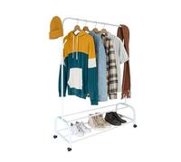 Relaxdays Appendiabiti rotelle, HxLxP: 160 x 110 x 40 cm, 2 ripiani, ganci laterali, ferro, carrello, bianco