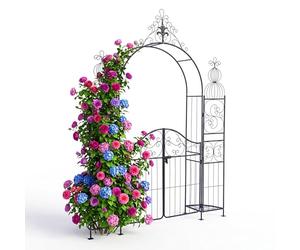 Relaxdays Arco per Rose con Porta, 2 Ripiani, Metallo, Giardino, AxLxP: 263x190x39 cm, per rampicanti, Nero