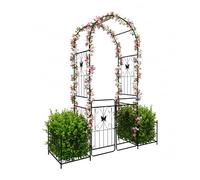 Relaxdays Arco per rose in ferro, cancello 2 ante, 2 fioriere, HxLxP 220x202x50 cm, nero