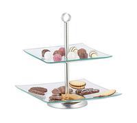 Relaxdays, Argento/Trasparente Alzata a 2 Piani, Cucina, Quadrato, per Frutta, Biscotti & Cupcake, Vetro, Acciaio