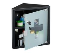 Relaxdays Armadietto Pronto Soccorso per Medicinali, Cassetta Medicine con Chiave, 2 Scomparti, HLP: 30x30x17,5 cm, Nero, Acciaio, Vetro
