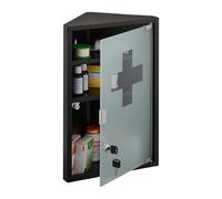 Relaxdays Armadietto Pronto Soccorso per Medicinali, Cassetta Medicine con Chiave, 3 Scomparti, HLP: 45x30x17,5 cm, Nero, Acciaio, Vetro