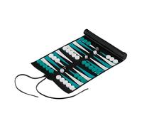 Relaxdays Backgammon da Viaggio, Campo da Gioco LxP: 30x24,5 cm, Arrotolabile, Pedine e Dadi, Stile Pelle, Nero Turchese, 30 x 24,5 cm
