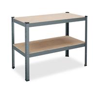 Relaxdays Banco da Lavoro Officina, HxLxP: 90x120x60 cm, 150 kg, Tavolo con 2 Ripiani Regolabili, Acciaio e MDF, Grigio, Fibra di Legno