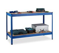 Relaxdays Banco da Lavoro Officina, Tavolo da Garage, 2 Scaffali, Altezza Regolabile, Acciaio e MDF, 90,5x141x61 cm, Blu, 1 pz