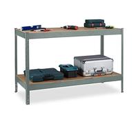 Relaxdays Banco da Lavoro Officina, Tavolo da Garage 2 Scaffali, Altezza Regolabile, Acciaio e MDF, 91x141x61 cm, Grigio