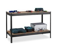 Relaxdays Banco da Lavoro Officina, Tavolo da Garage, 2 Scaffali, Altezza Regolabile, Acciaio e MDF, 91x141x61 cm, Nero