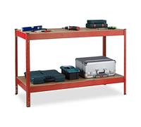 Relaxdays Banco da Lavoro Officina, Tavolo da Garage, 2 Scaffali, Altezza Regolabile, Acciaio e MDF, Rosso, 91x141x61 cm ca