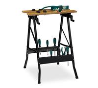 Relaxdays Banco da Lavoro Officina, Tavolo Pieghevole, Fino 100 kg, 4 Ganasce di Blocco, 75,5x56,5x62 cm, Naturale Nero, Acciaio