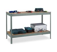 Relaxdays Banco da Lavoro Officina, Tavolo da Garage 2 Scaffali, Altezza Regolabile, Acciaio e MDF, Grigio, 91x141x61 cm ca