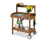 Relaxdays Tavolo da lavoro per giardinaggio HLP 120x97x49 cm ruote vasca cassetto ganci marrone