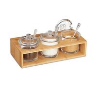 Relaxdays Barattoli da Cucina in Vetro, Set da 3, Base Bambù, Porta Spezie, Cucchiaio e Coperchio, Naturale Trasparente