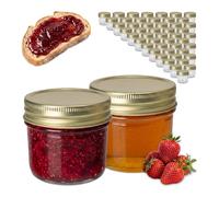 Relaxdays, barattoli Set 50 pz, 120 ml, Coperchio Twist-off ermetico, per Conserve e marmellate, Trasparente/Oro